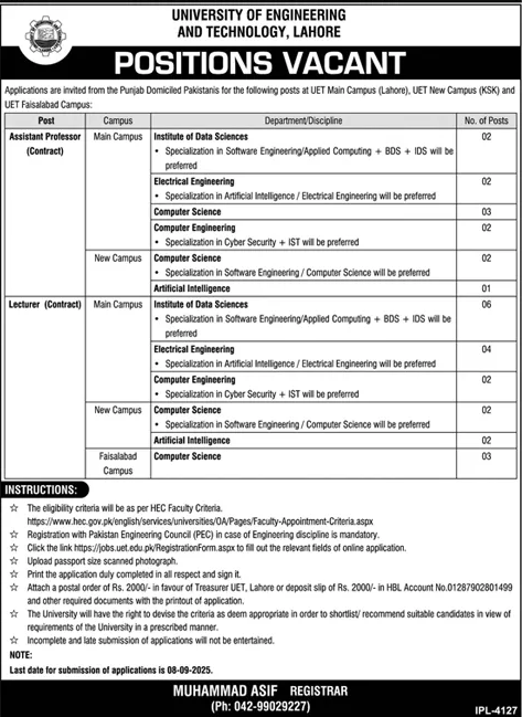 Jobs in University of Engineering & Technology Lahore